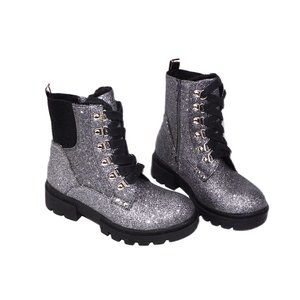 Justice Girls Lug Zip Up Lace Up Ankle Boots Fashion Silver Glitter Punk NEW